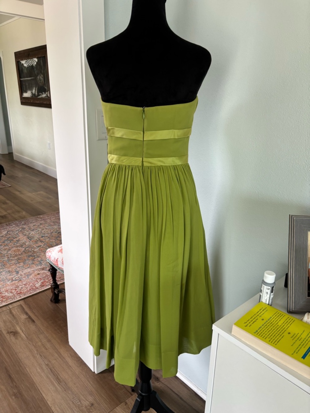 Kay Unger silk Strapless Olive-Green Midi Dress size 4 - Picture 5 of 12